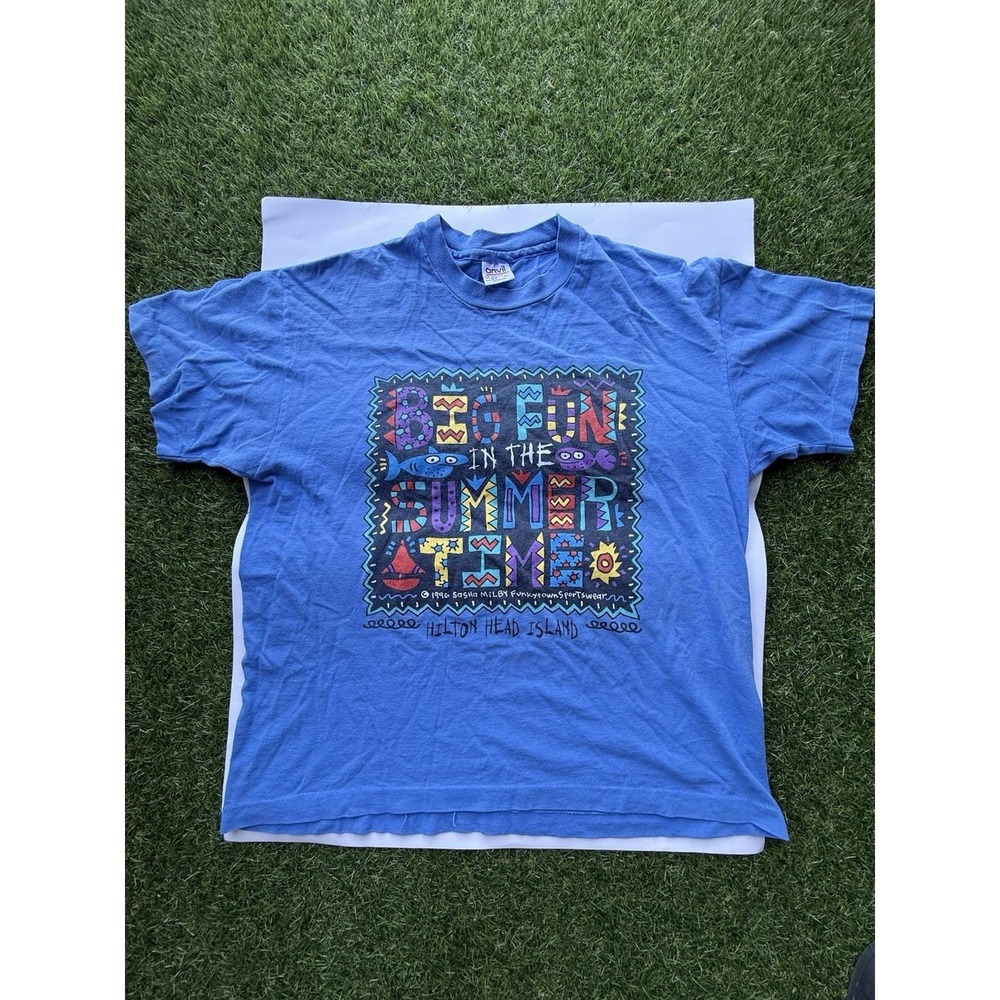 Vintage 1996 Anvil T-shirt with a vibrant "Big Fun in the Summertime" print.